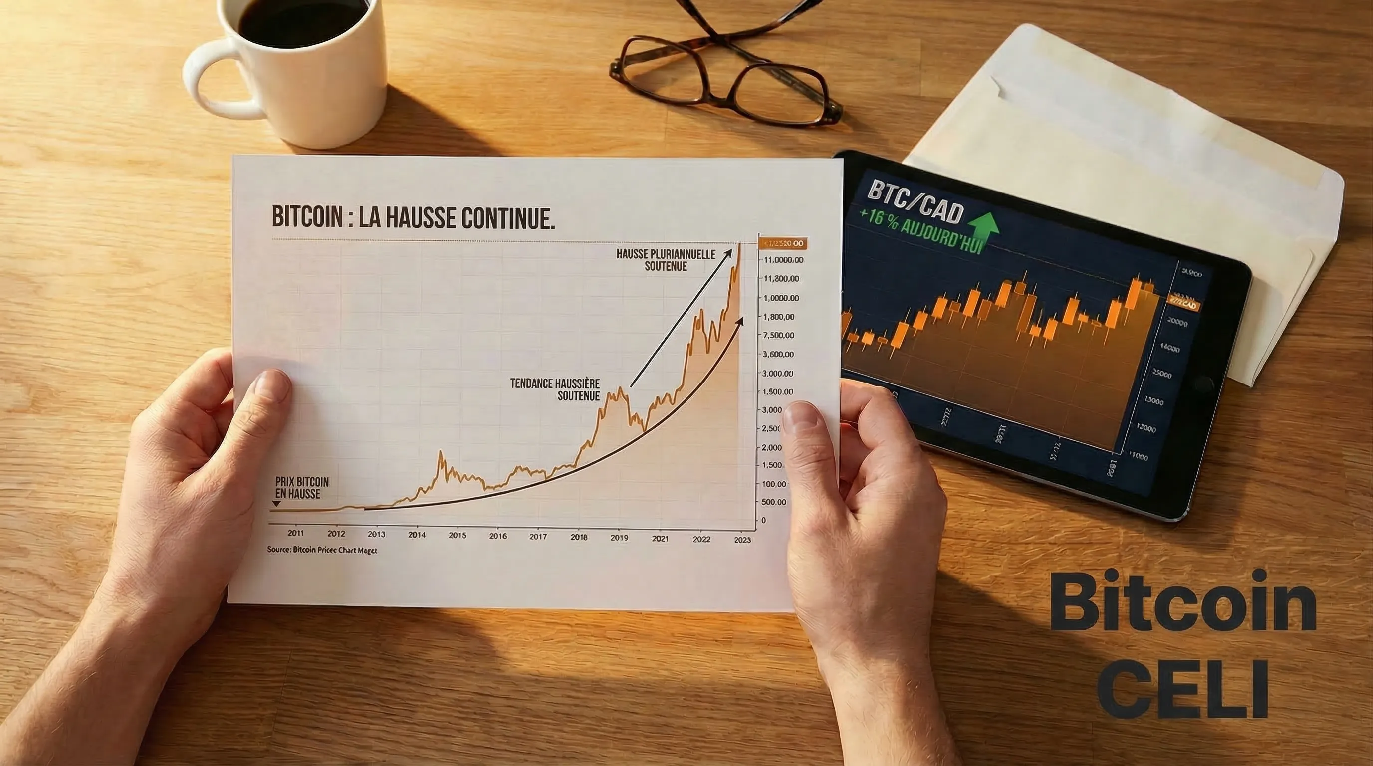 Investisseur à un bureau analysant des documents fiscaux canadiens et un graphique du prix du Bitcoin sur un ordinateur portable, avec un stylo pointant vers un zéro encerclé — représentant l'investissement en FNB crypto libre d'impôt dans un CELI