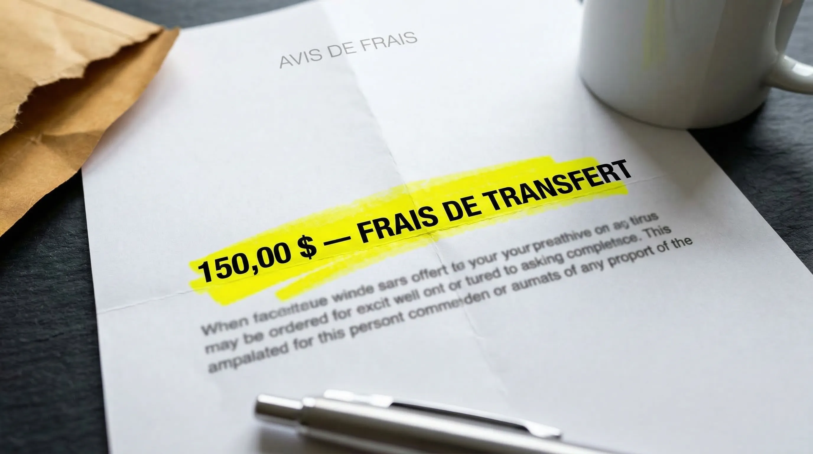 Gros plan d'un barème de frais bancaire imprimé avec un surligneur jaune marquant les frais de transfert sortant de 150 $ sur un bureau gris foncé
