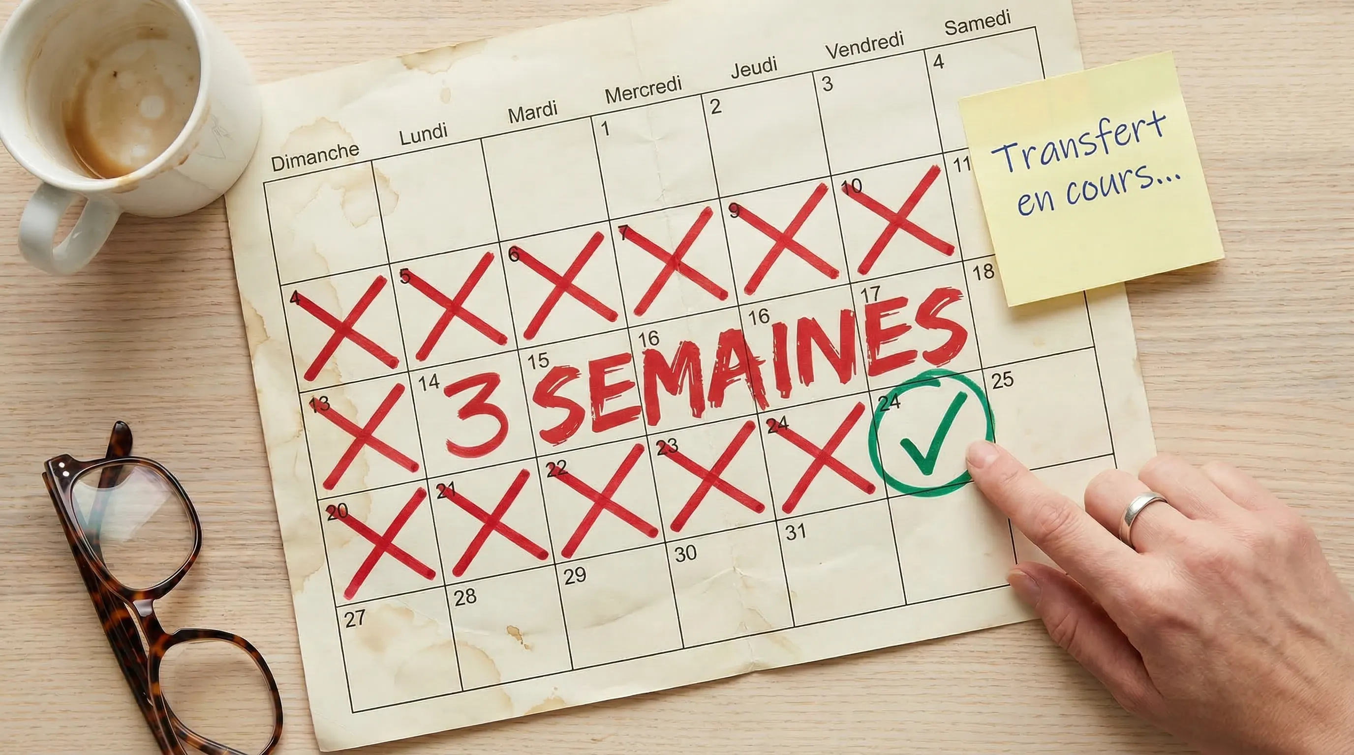 Calendrier mural en papier avec trois semaines encadrées en marqueur bleu et le mot Attente écrit sur les jours bloqués, illustrant le délai de transfert CELI de 2-4 semaines