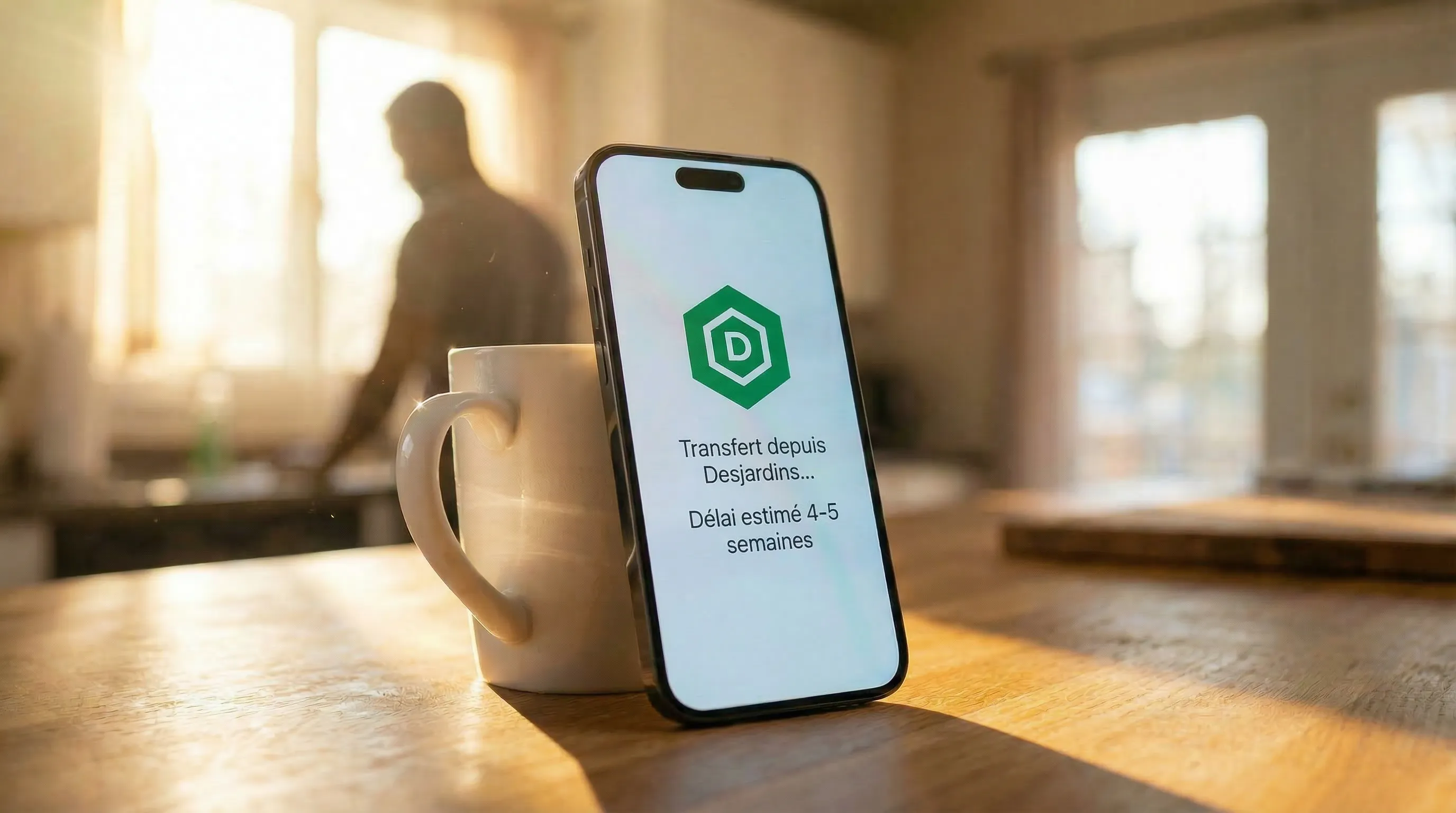 Transférer CELI Wealthsimple depuis Desjardins — écran de téléphone affichant un transfert en cours avec un délai estimé de 4-5 semaines via le système ATON