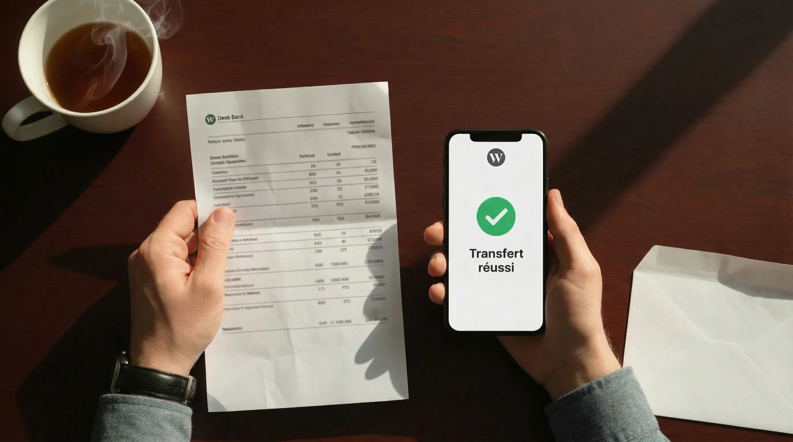 Personne tenant un relevé bancaire d'une main et un téléphone affichant le logo Wealthsimple avec une confirmation Transfert réussi de l'autre