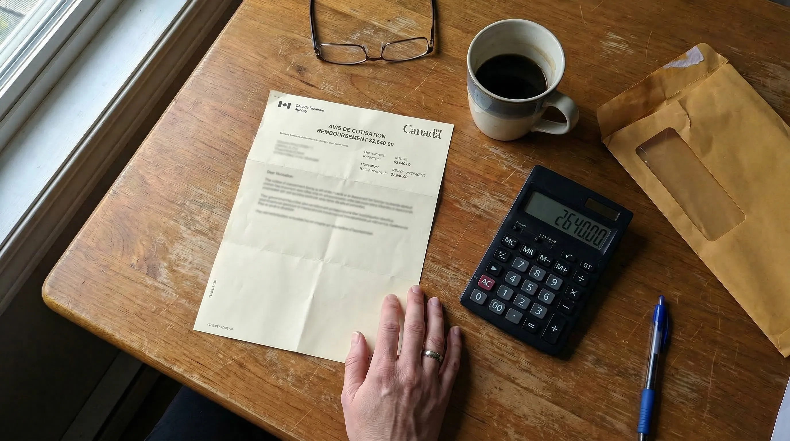Avis de cotisation de l'ARC sur un bureau avec calculatrice affichant le remboursement d'impôt généré par une cotisation CELIAPP de 8 000 $