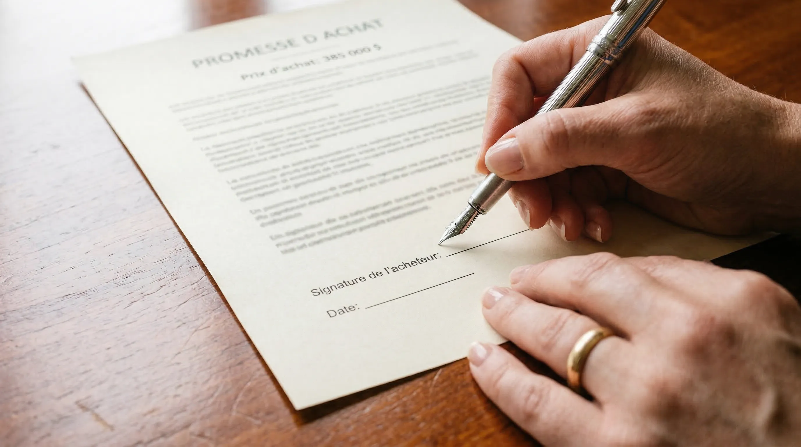 Retrait admissible CELIAPP Wealthsimple — main tenant un stylo à plume sur le point de signer une promesse d'achat résidentielle sur un bureau en acajou, illustrant le retrait libre d'impôt du CELIAPP pour l'achat d'une première propriété