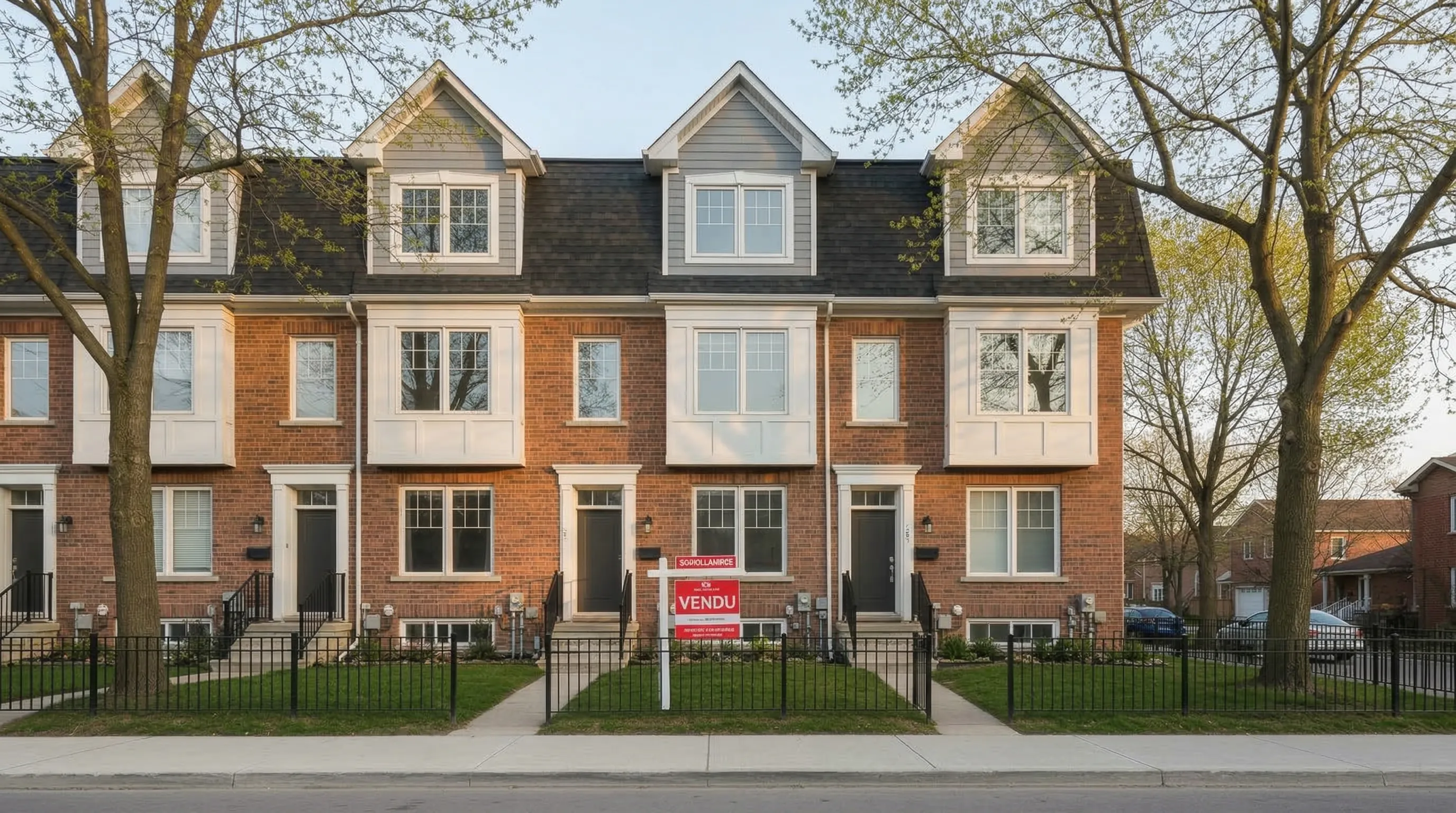 Rangée de maisons en rangée en briques rouges avec une affiche VENDU devant — illustrant l'objectif de mise de fonds CELIAPP + RAP au Québec