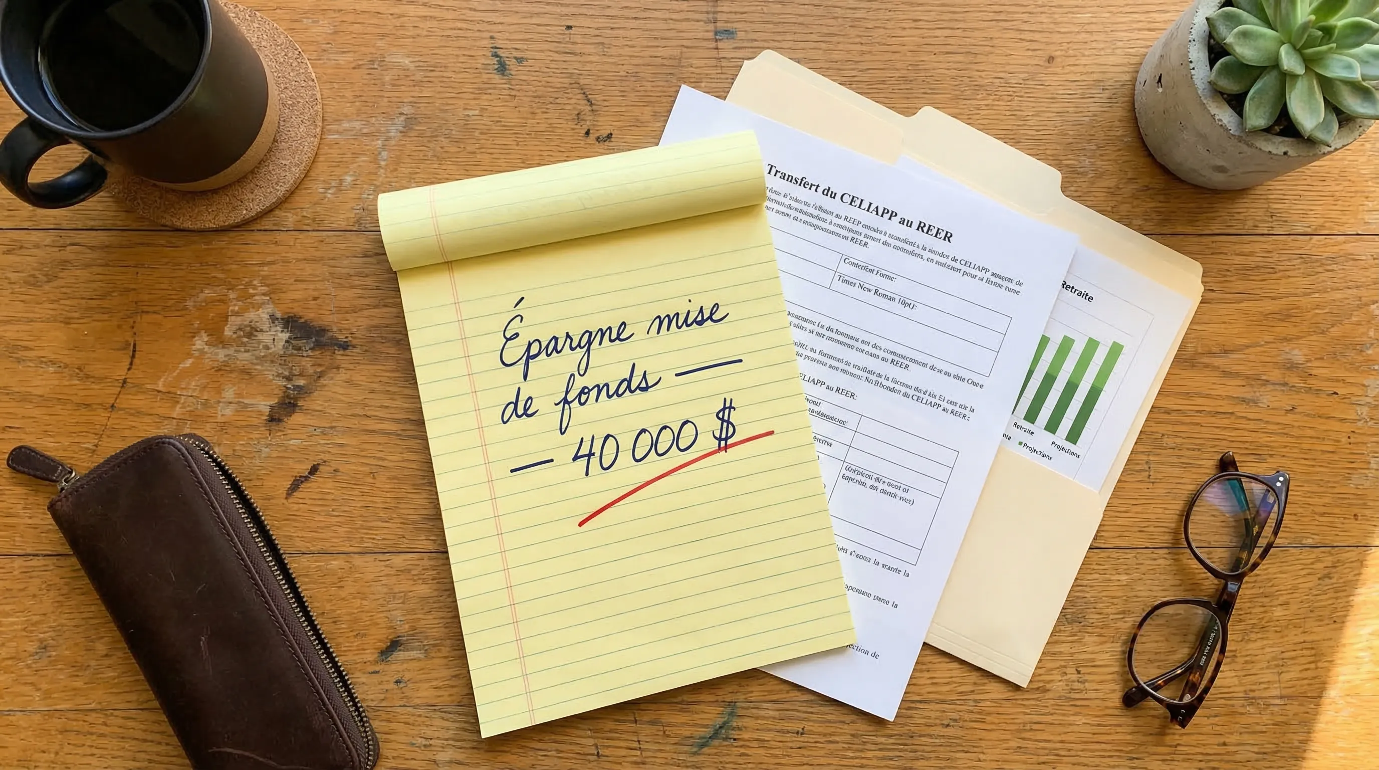 Retrait CELIAPP sans achat de maison — vue de dessus d'un bureau avec un bloc-notes affichant Épargne mise de fonds 40 000 $ barré en rouge, à côté d'un formulaire de transfert du CELIAPP au REER et de projections de retraite
