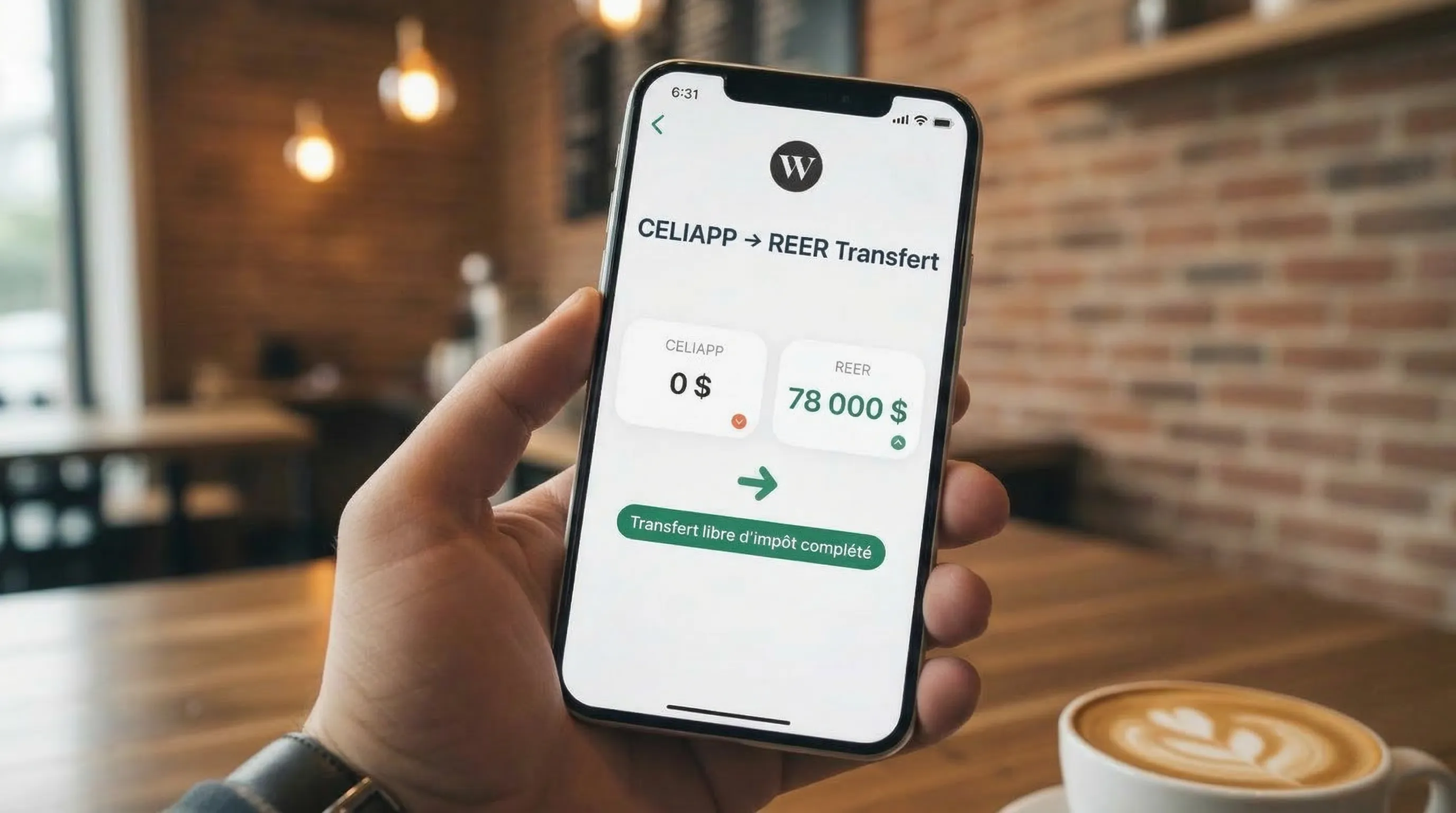 Écran de l'application Wealthsimple affichant un transfert CELIAPP vers REER complété — solde de 78 000 $ transféré libre d'impôt