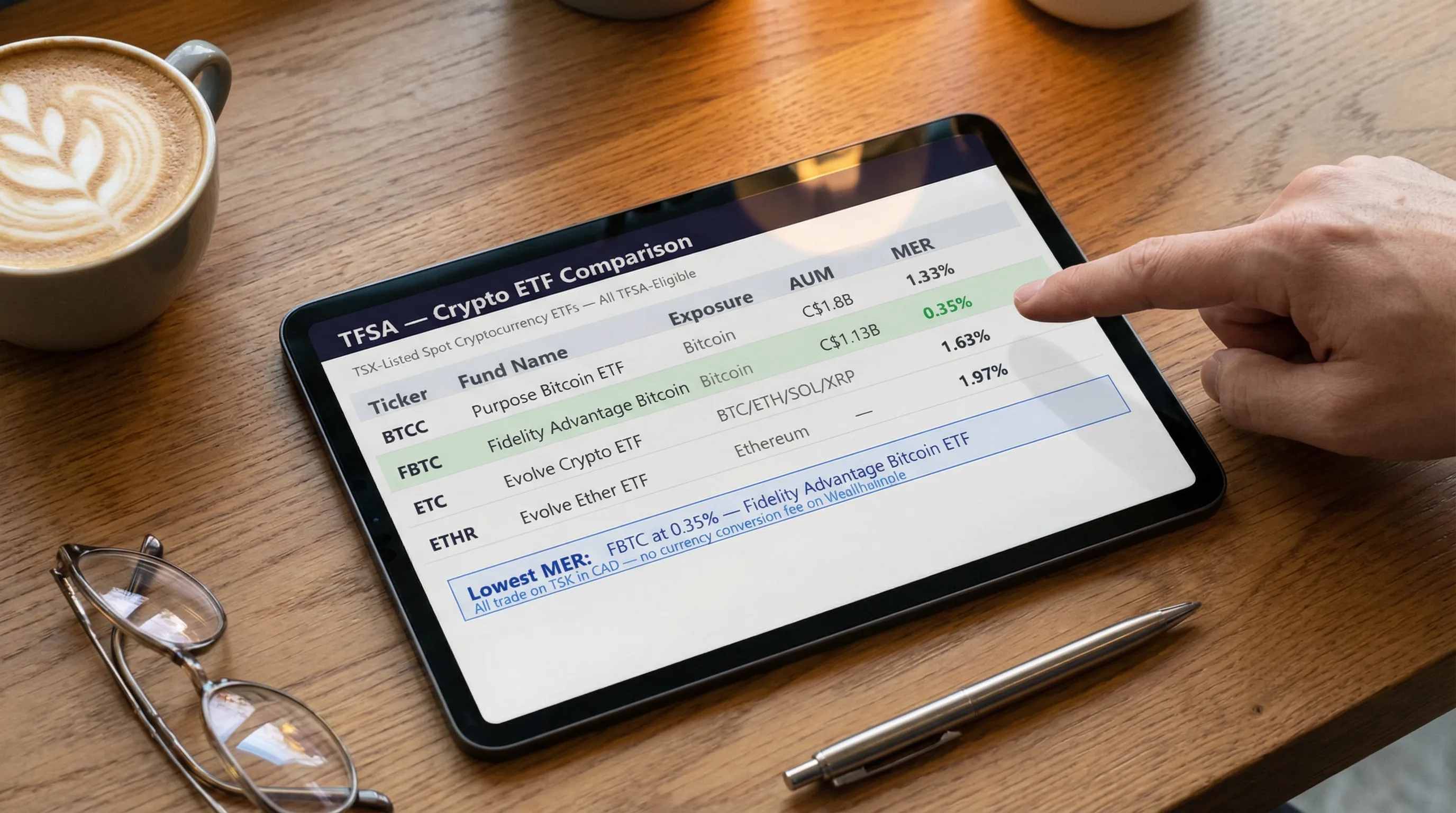 Digital tablet on a warm cafe table displaying a comparison of four Canadian crypto ETFs — BTCC at 1.33% MER, FBTC at 0.35%, ETC at 1.63%, and ETHR at 1.97% — with a finger pointing at FBTC as the lowest-fee option