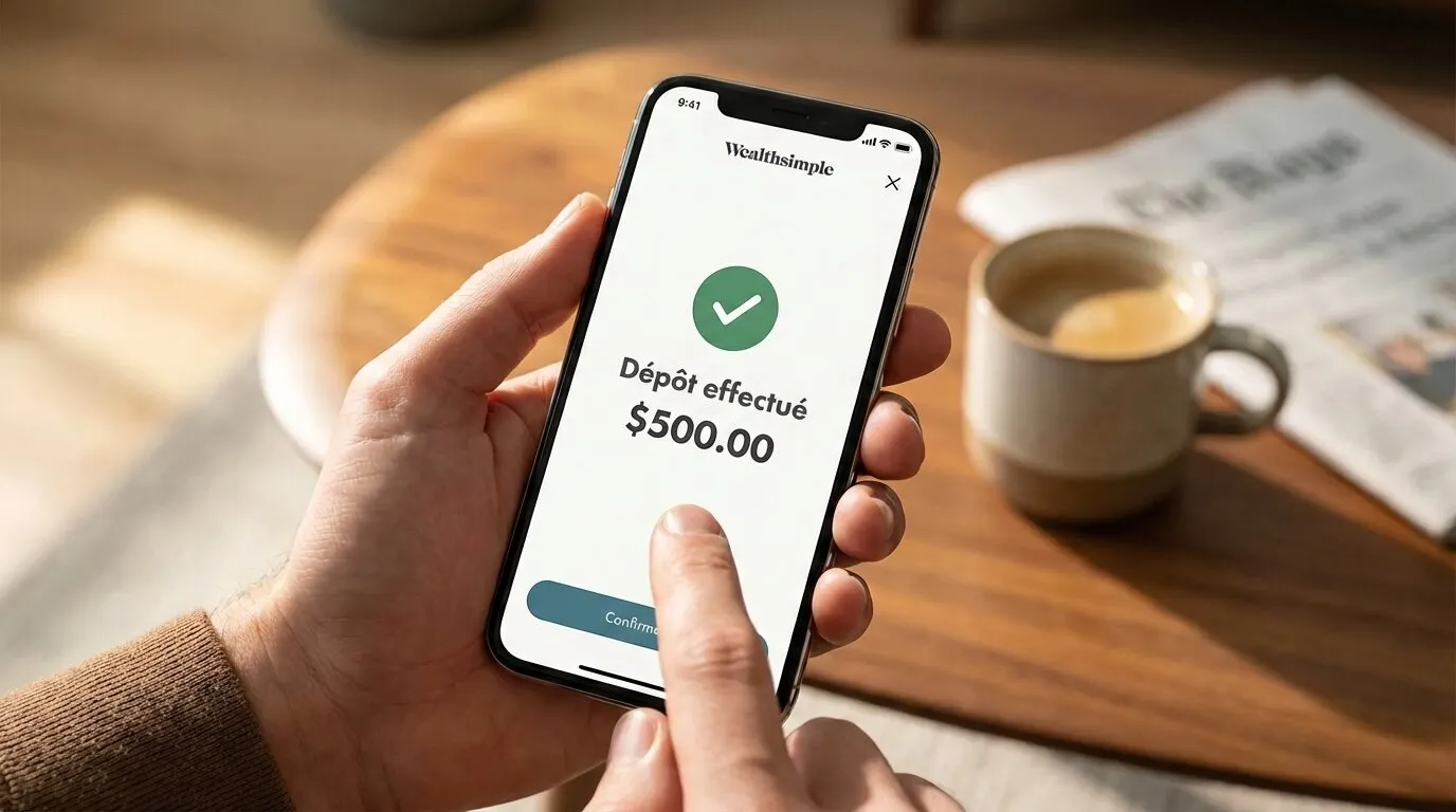 Application Wealthsimple affichant un dépôt instantané de 500 $ complété