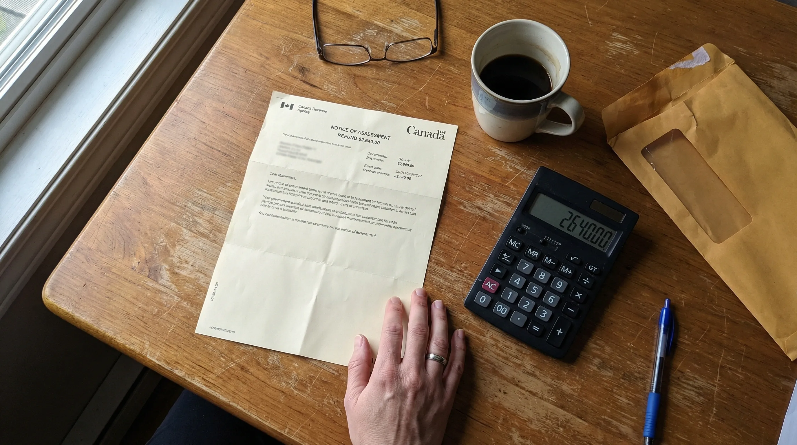 FHSA tax deduction result: top-down view of a Canada Revenue Agency Notice of Assessment showing a $2,640 refund on a desk with a calculator, coffee mug, reading glasses, and torn-open CRA envelope
