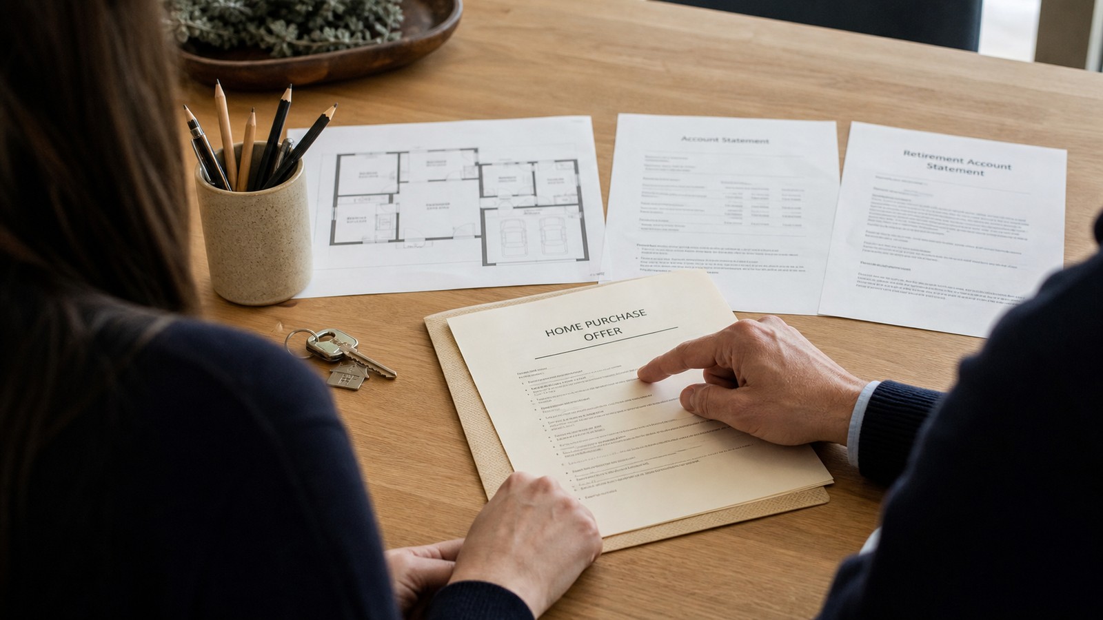 Acheteur et conseiller hypothécaire examinant une offre d'achat à côté de deux relevés de compte et d'un plan de maison.