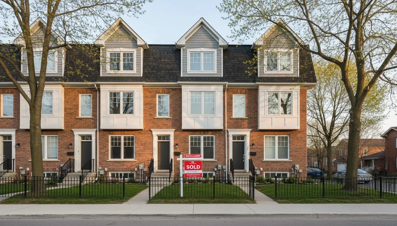 Row of brick Canadian townhouses with a red SOLD sign on the center unit — the type of property where combining the FHSA and HBP for a 20 percent down payment eliminates CMHC mortgage insurance