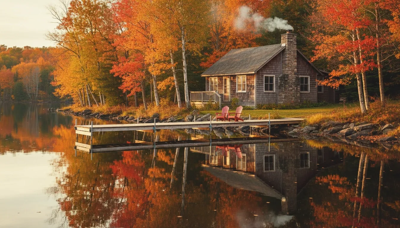 Rustic Canadian lakeside cottage with weathered cedar siding and wooden dock surrounded by fall foliage — inherited property that does not disqualify you from the FHSA
