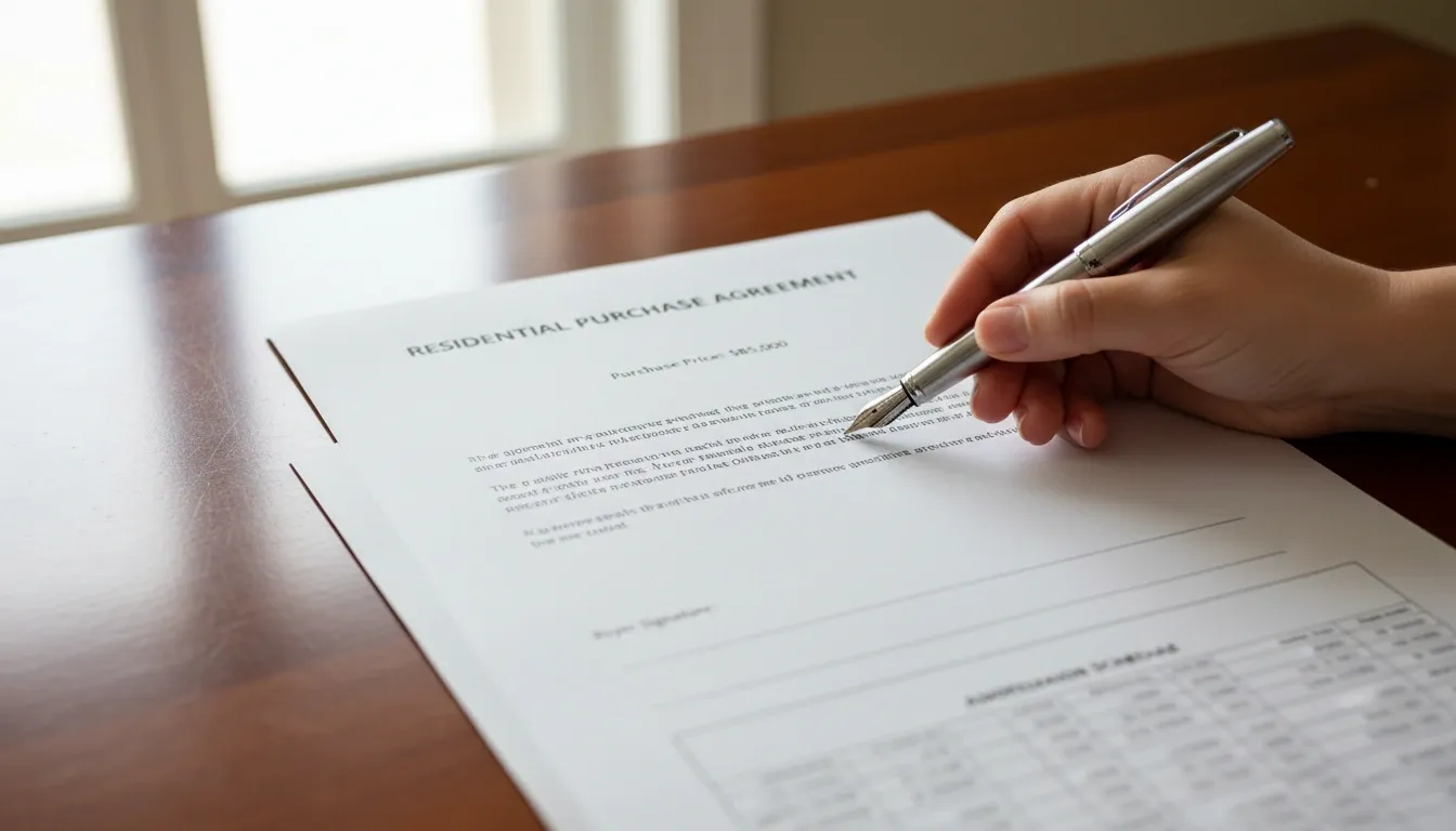 FHSA qualifying withdrawal: a hand holding a fountain pen about to sign a residential purchase agreement for a first home on a mahogany desk in bright natural daylight