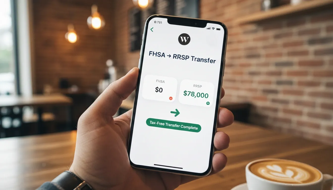Wealthsimple app on a phone in a coffee shop showing a completed FHSA-to-RRSP transfer — FHSA balance at $0 and RRSP balance at $78,000 with a green 'Tax-Free Transfer Complete' confirmation