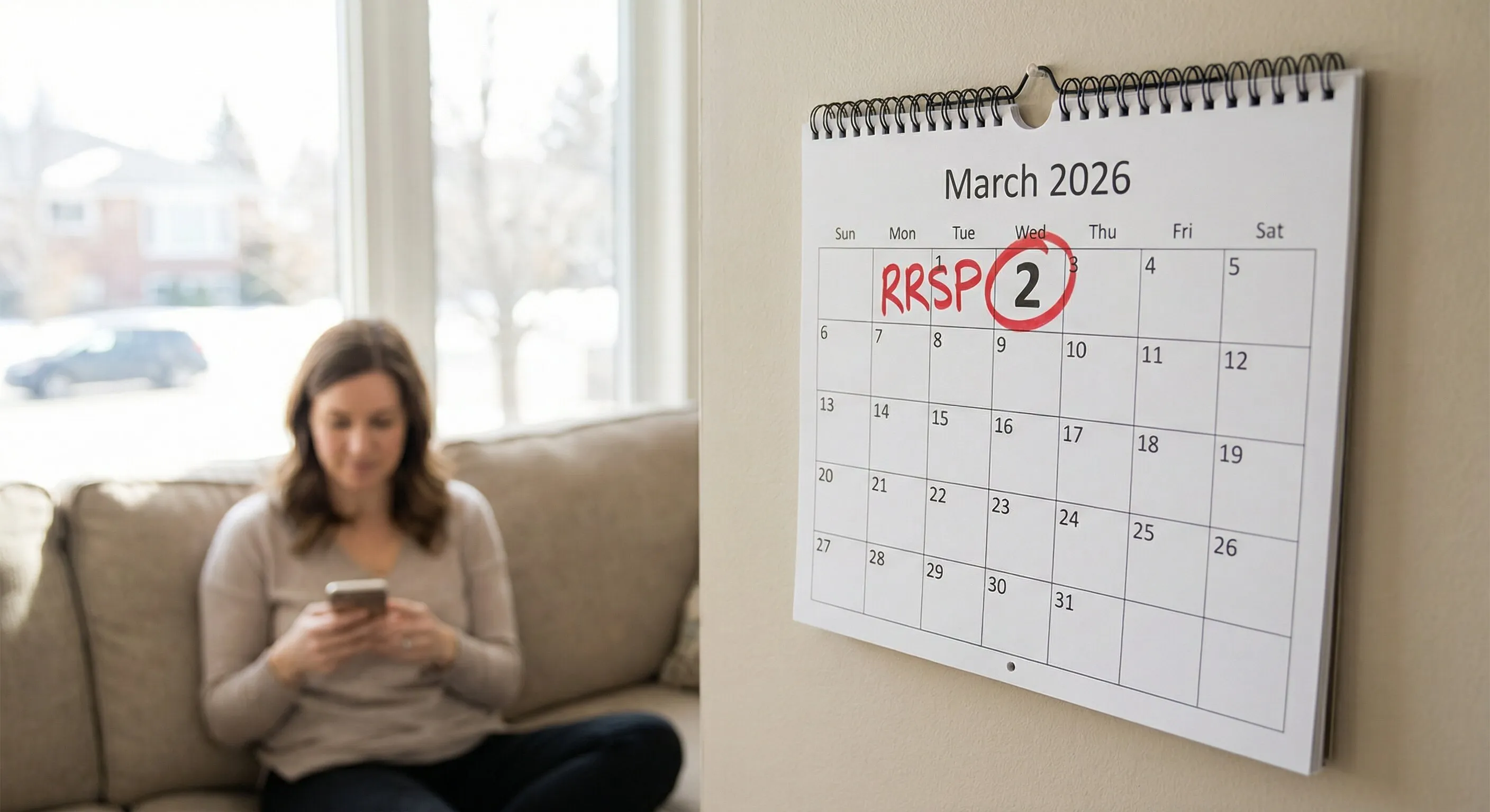March 2026 calendar with RRSP deadline circled on March 2