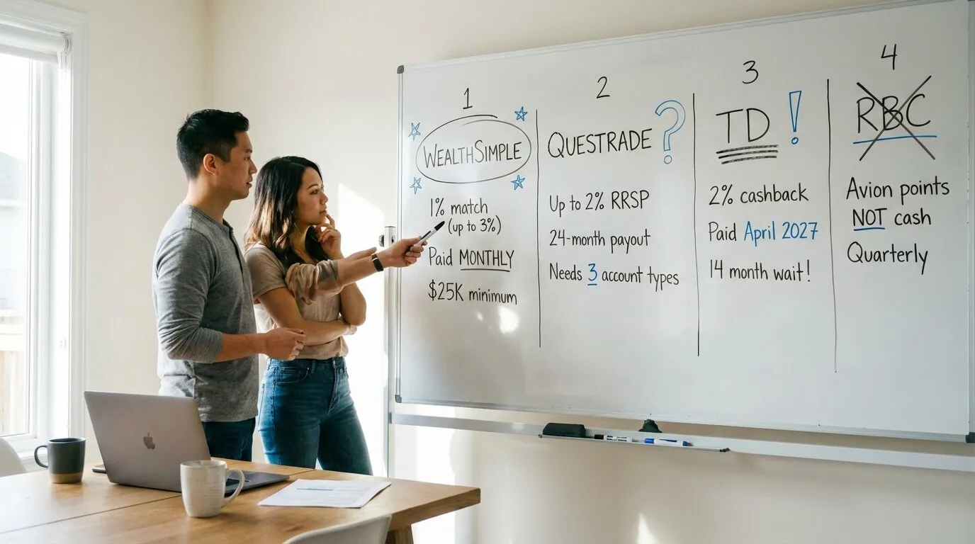 2026 RRSP promotion comparison showing Wealthsimple, Questrade, TD, and RBC offers