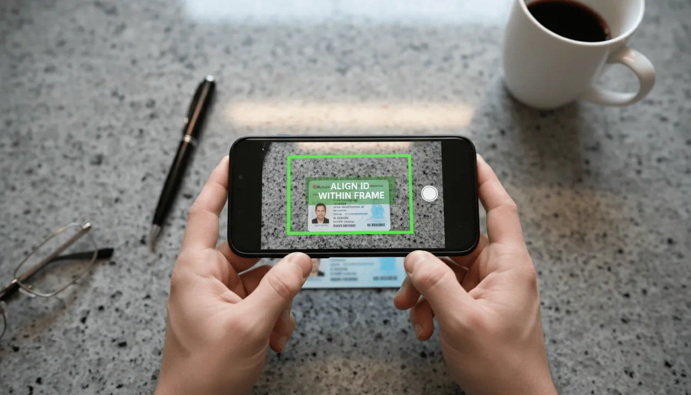 Person using a smartphone camera to photograph a Canadian driver's license on a kitchen counter for Wealthsimple TFSA identity verification