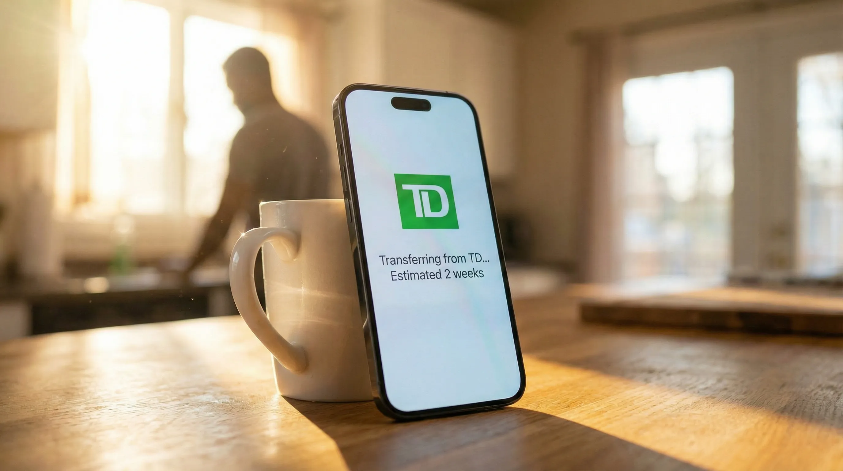 Smartphone leaning against a coffee mug displaying a transfer progress screen reading Transferring from TD, Estimated 2 weeks — showing a TFSA institutional transfer in progress