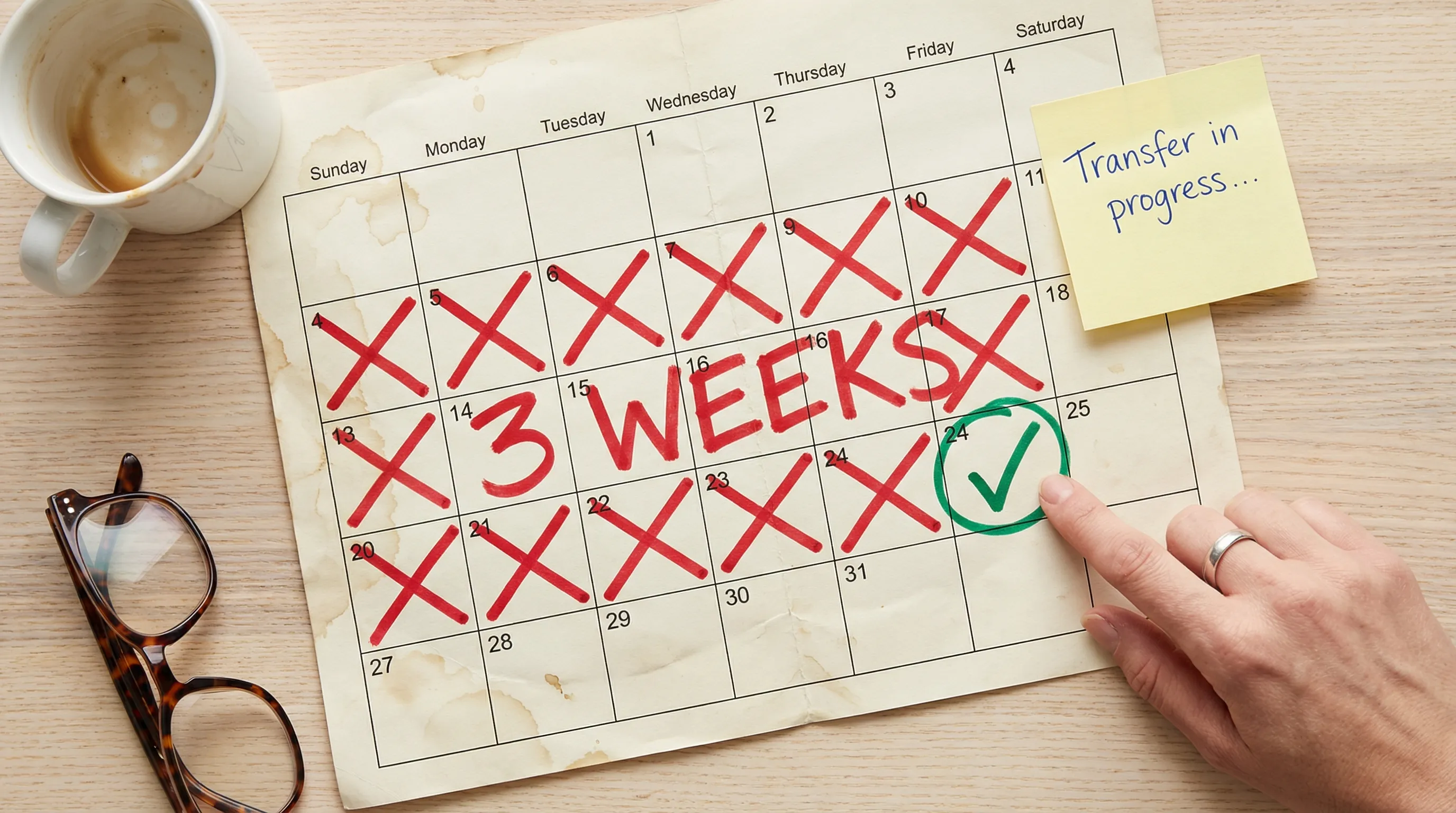 Paper wall calendar with three weeks bracketed in blue marker and the word Waiting written across the blocked days, illustrating the typical 2-4 week TFSA transfer processing time