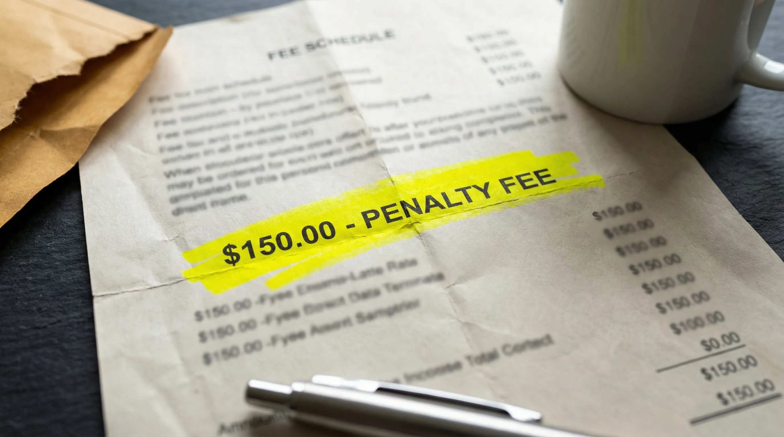 Close-up of a printed bank fee schedule with a bright yellow highlighter marking the $150 transfer-out fee on a dark slate desk
