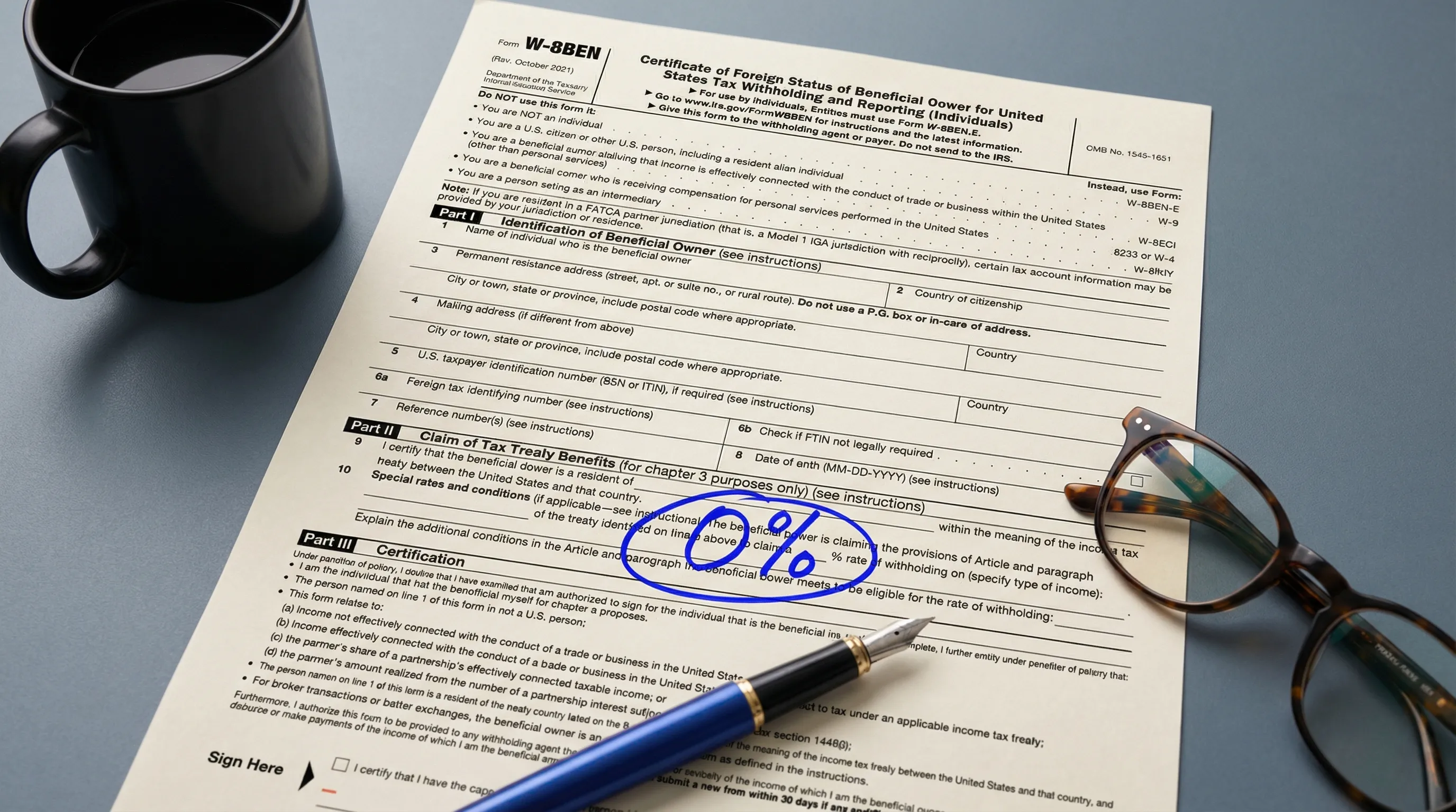 W-8BEN US tax withholding form displayed as a flat-lay photograph on a clean desk, illustrating that the 15% dividend withholding tax is irrelevant for crypto ETFs held in a Canadian TFSA