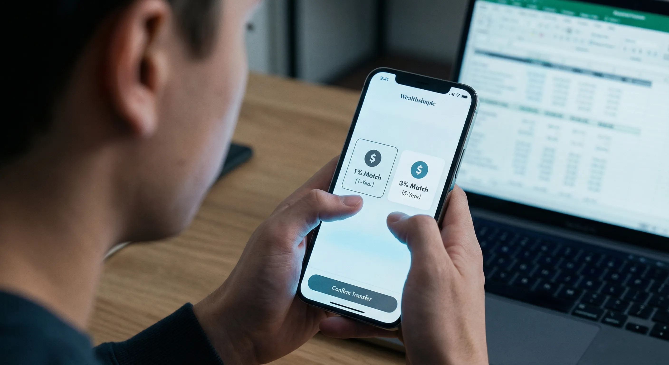 Wealthsimple app showing 1% Match (1-Year) vs 3% Match (5-Year) transfer options