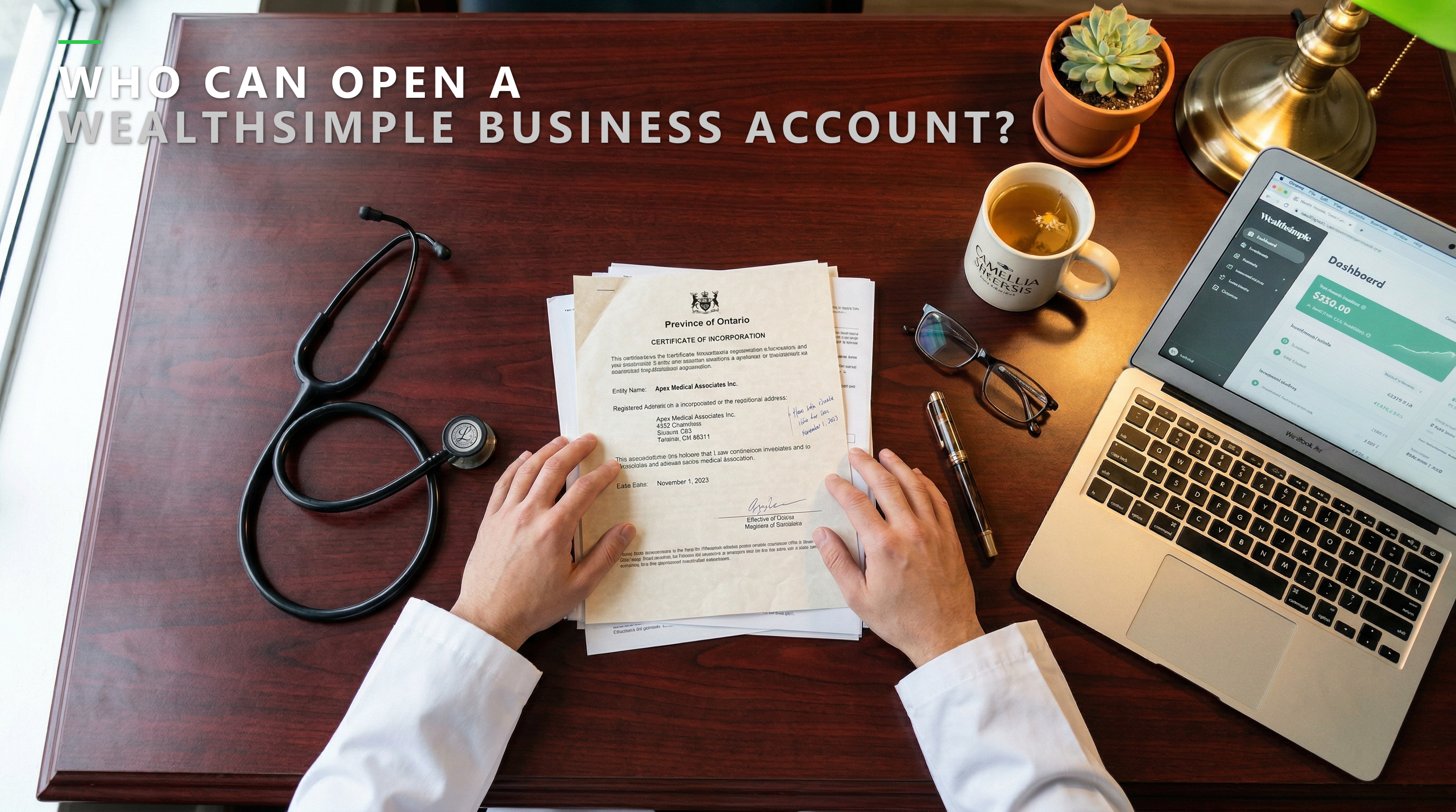 Top-down view of a doctor's desk with incorporation documents, a stethoscope, and a laptop open to Wealthsimple