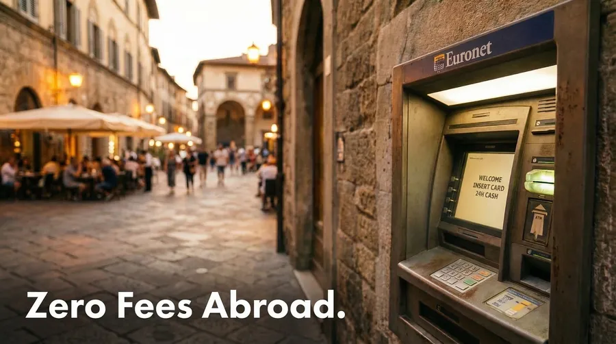 ATM on a European cobblestone piazza at golden hour — Wealthsimple Cash charges zero foreign transaction fees and reimburses all ATM fees worldwide
