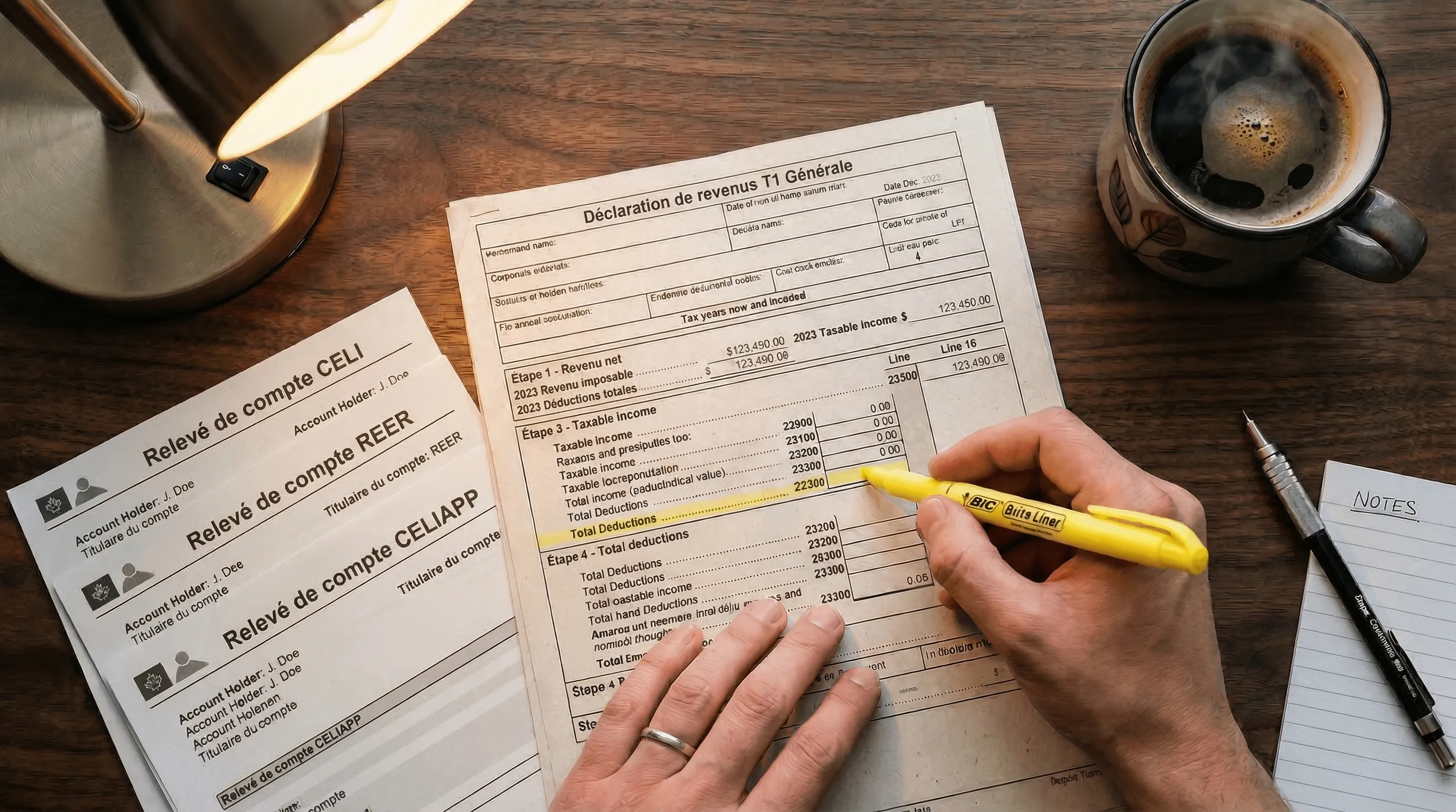 Déclaration de revenus du Québec TP-1 avec un surligneur jaune sur la ligne des déductions, à côté de relevés de CELI, REER et CELIAPP sur un bureau