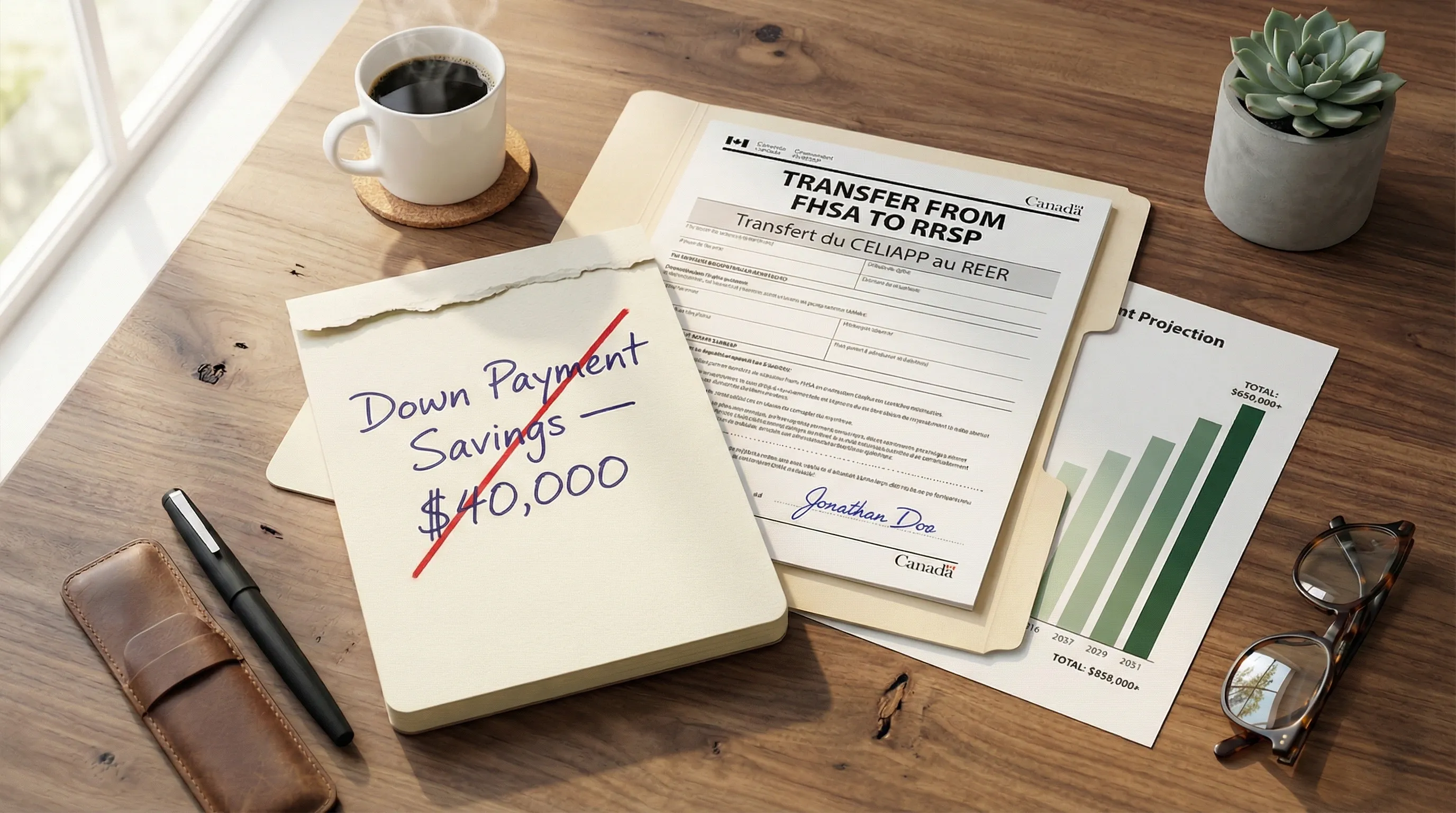 Flat-lay desk scene with a notepad showing 'Down Payment Savings $40,000' crossed out in red pen, beside a Canadian FHSA-to-RRSP transfer form and a retirement projection bar chart — illustrating the FHSA exit strategy when you never buy a home