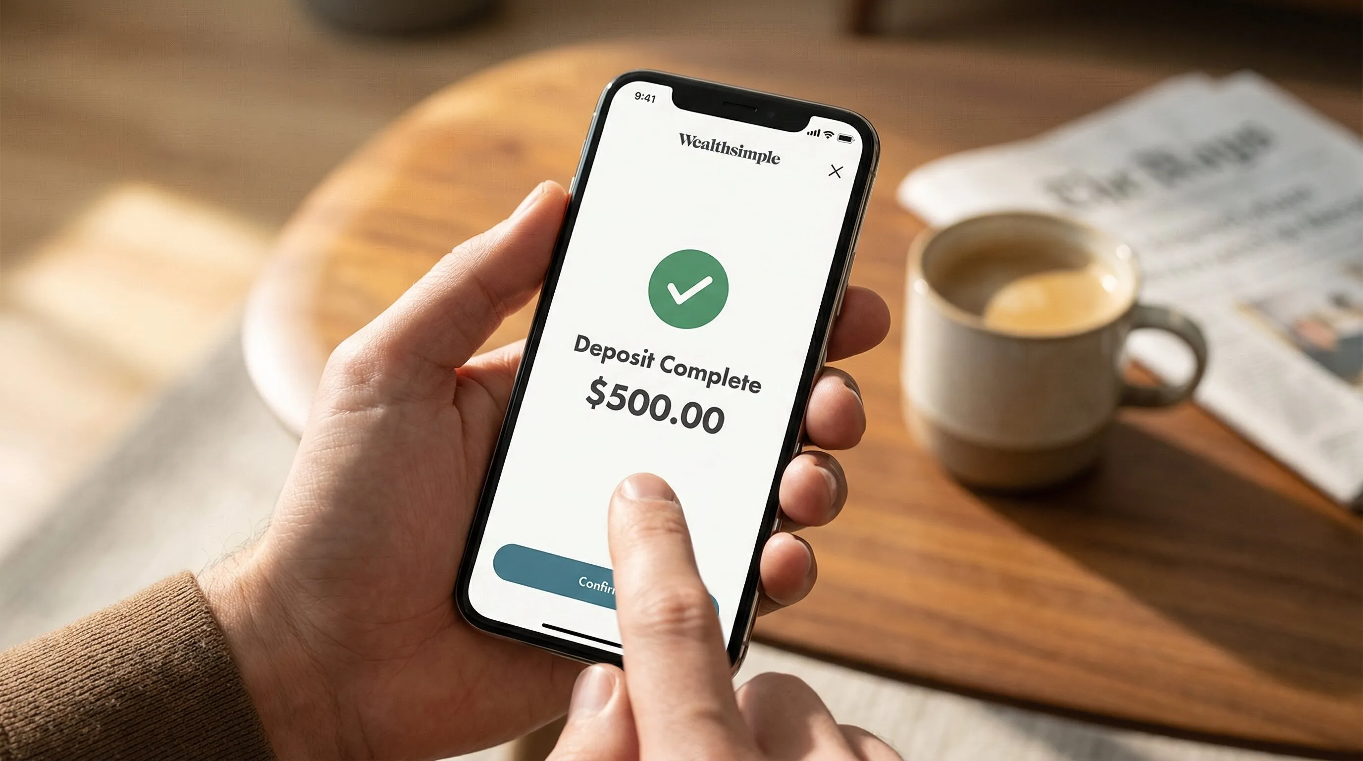 Wealthsimple app showing Deposit Complete confirmation for $500