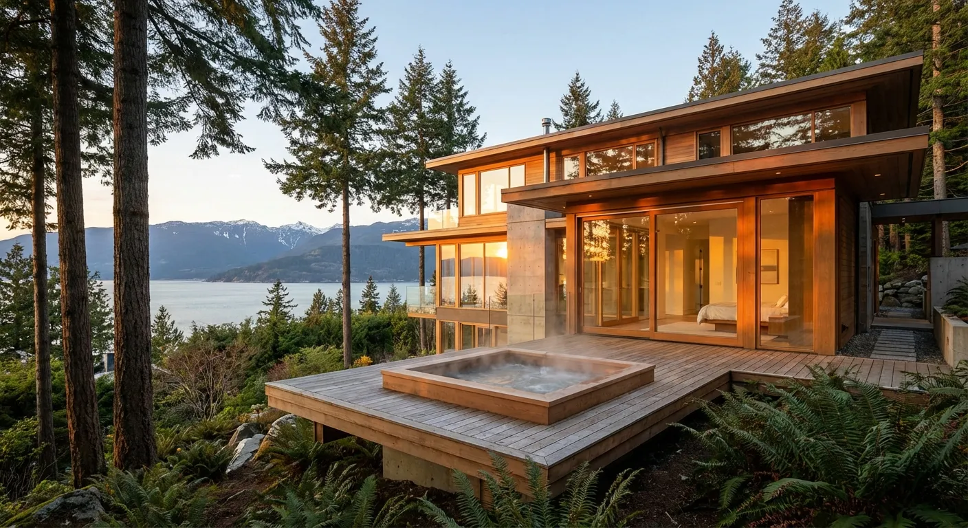 A modern West Coast home with floor-to-ceiling glass, a cedar deck and steaming hot tub overlooking the ocean and mountains at dusk — an aspirational illustration of what Wealthsimple's $1M Monthly Millionaire grand prize could buy.