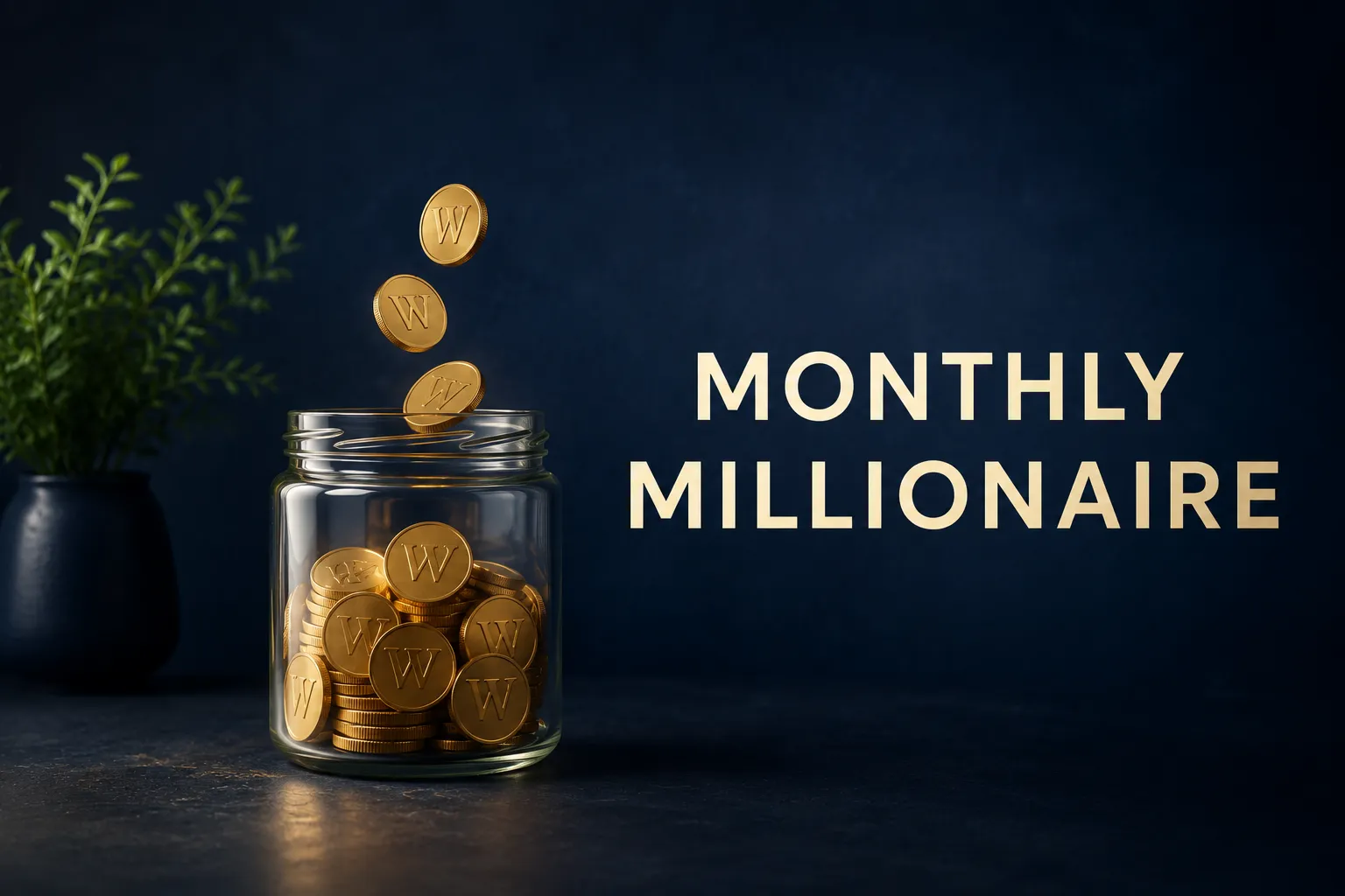 A jar of gold coins stamped 'W' for Wealthsimple beside cream-serif text 'MONTHLY MILLIONAIRE' on a dark navy background — visual summary of the Wealthsimple Monthly Millionaire contest: a $1M grand prize plus three weekly cash draws ($25K / $50K / $100K) per contest.
