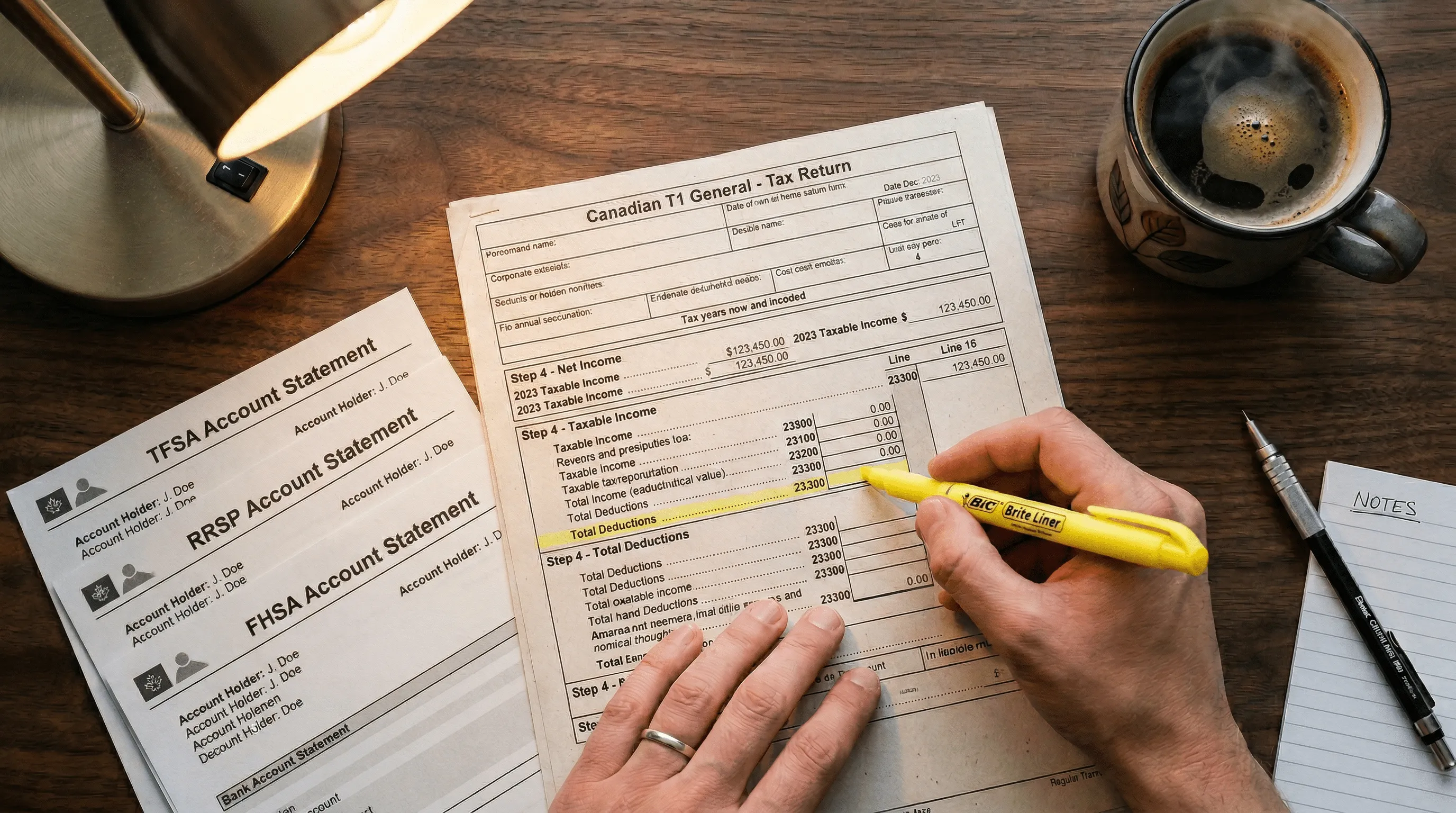 Canadian T1 tax return with yellow highlighter on deductions line, alongside TFSA, RRSP, and FHSA account statements on a walnut desk