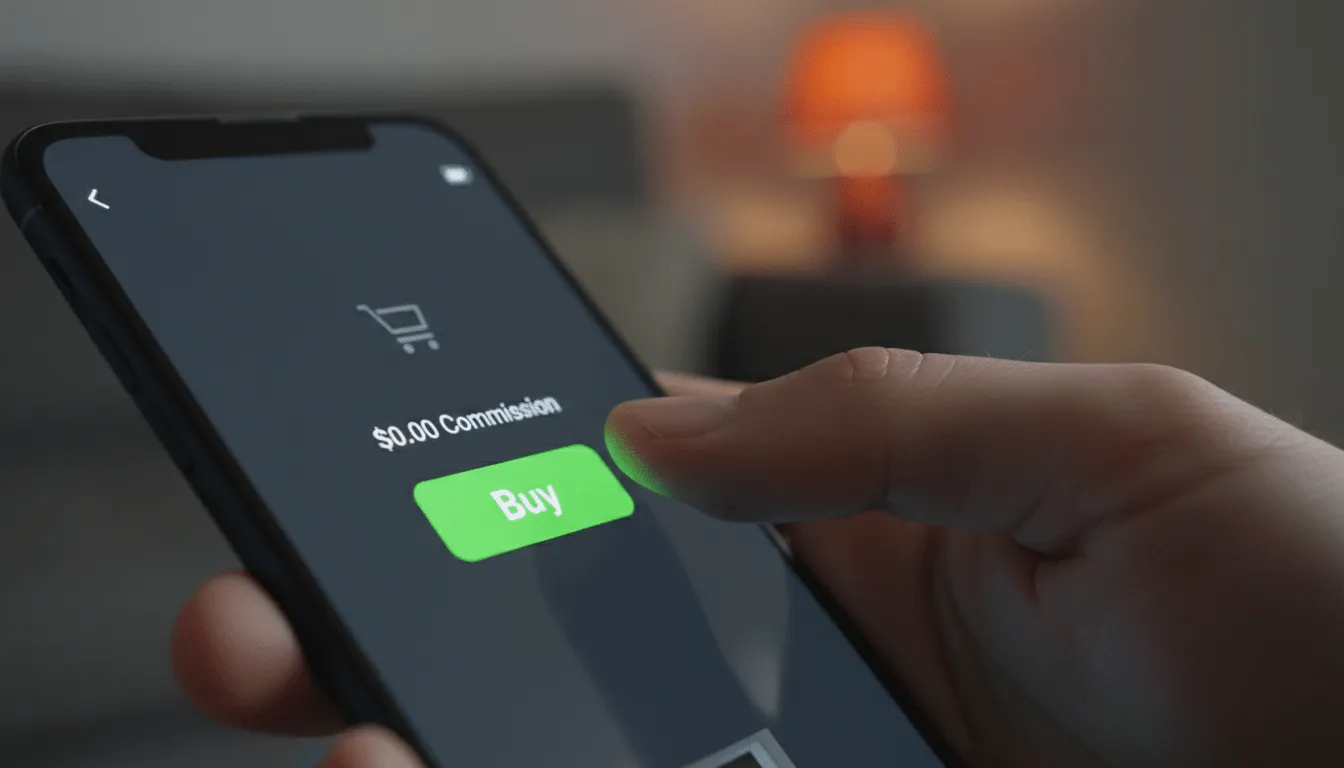 Close-up of a thumb tapping a bright green Buy button on a smartphone showing $0.00 Commission — zero-cost ETF trading inside a Wealthsimple TFSA
