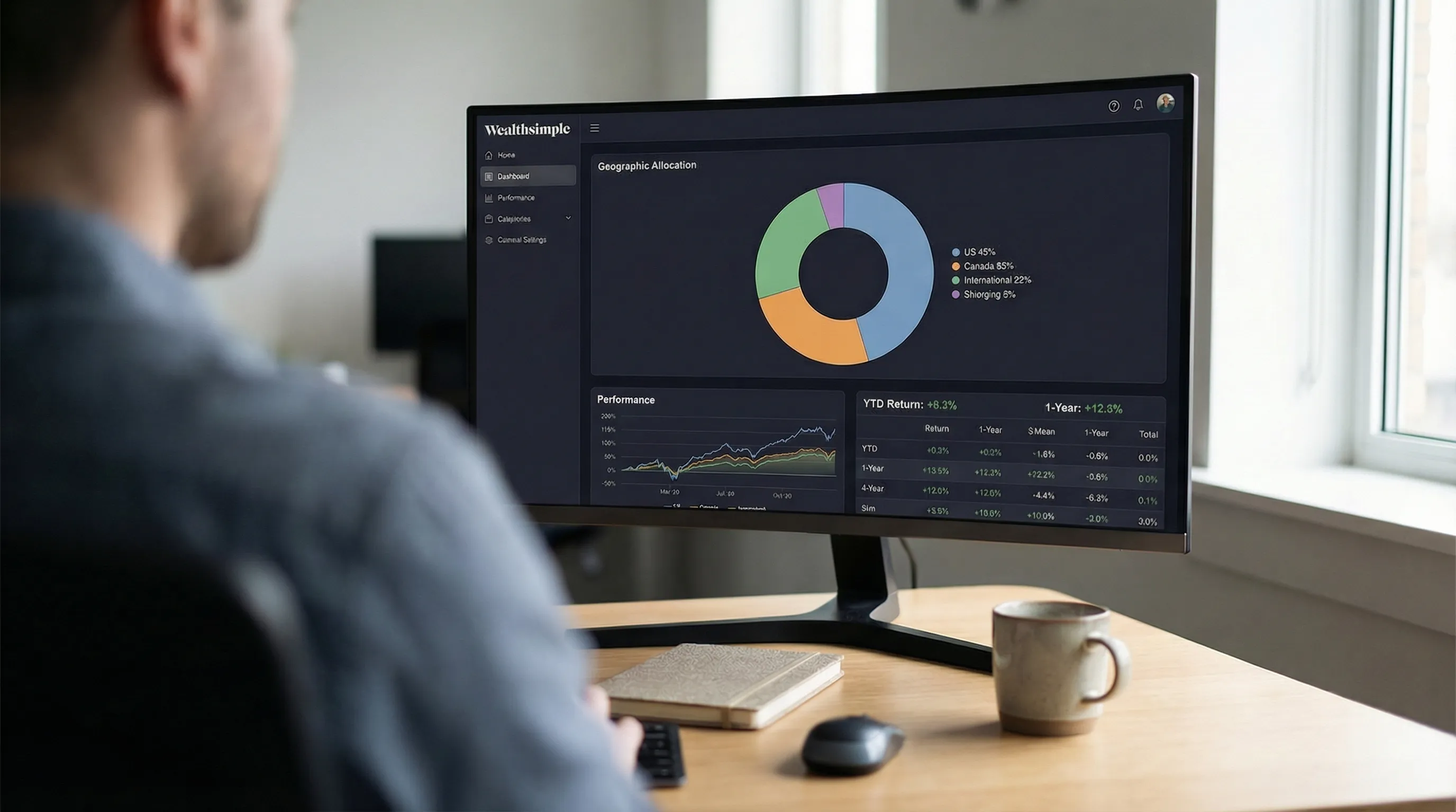 Wealthsimple portfolio dashboard showing XEQT geographic allocation pie chart and performance metrics on a monitor in a modern office